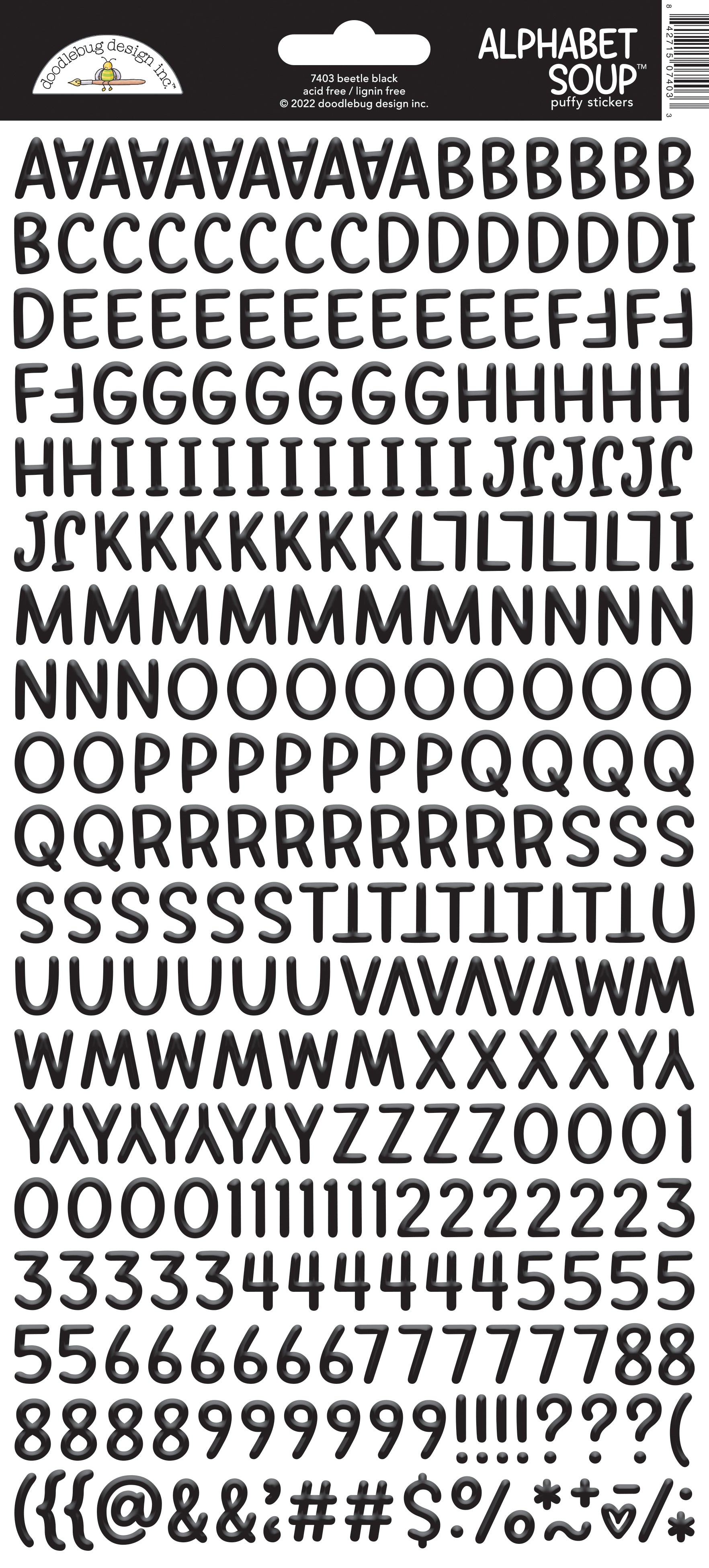 Black Alphabet Soup Letter and number stickers on a white background with Doodlebug brand label