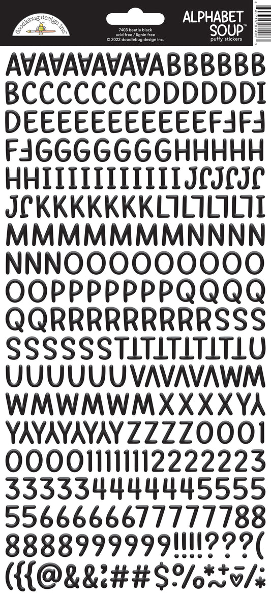 Black Alphabet Soup Letter and number stickers on a white background with Doodlebug brand label