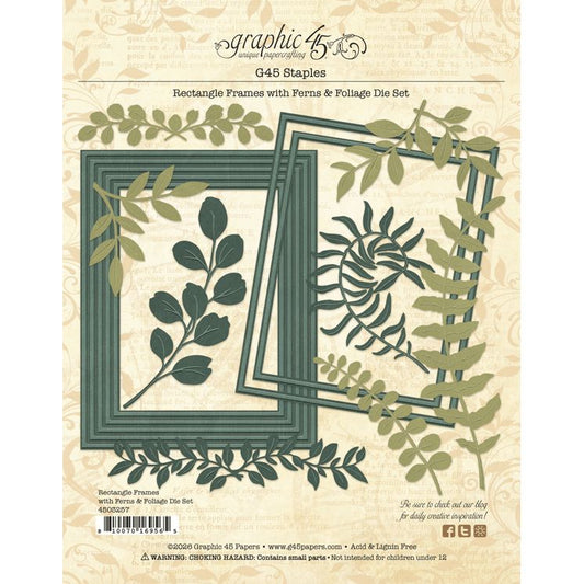 Graphic 45 - Staples Embellishments Collection - Metal Dies - Rectangle Frames With Ferns & Foliage