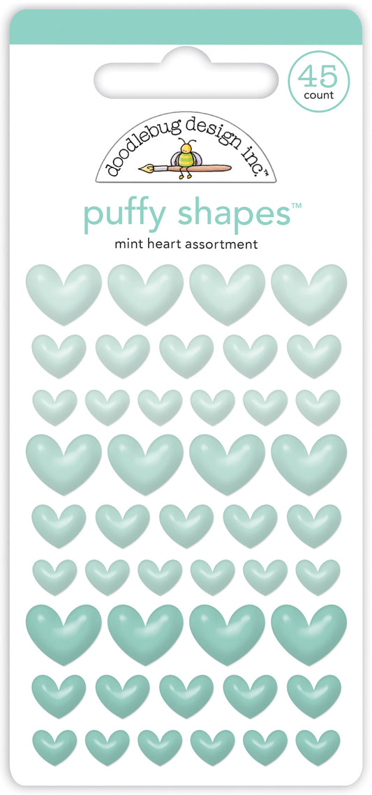 Doodlebug Design - Monochromatic Collection - Stickers - Puffy Shapes -Mint Hearts