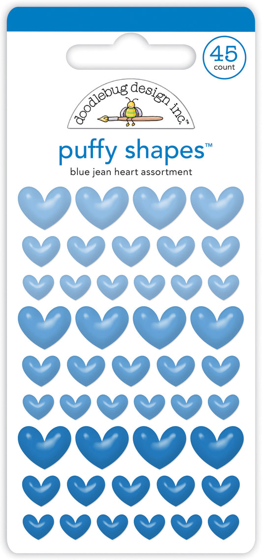 Doodlebug Design - Monochromatic Collection - Stickers - Puffy Shapes - Blue Jean Hearts