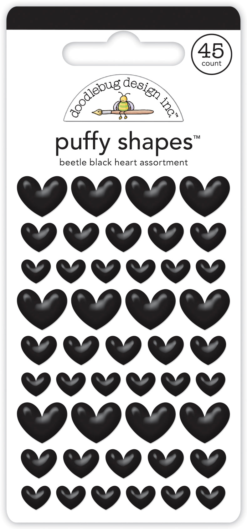 Doodlebug Design - Monochromatic Collection - Stickers - Puffy Shapes - Beetle Black Hearts