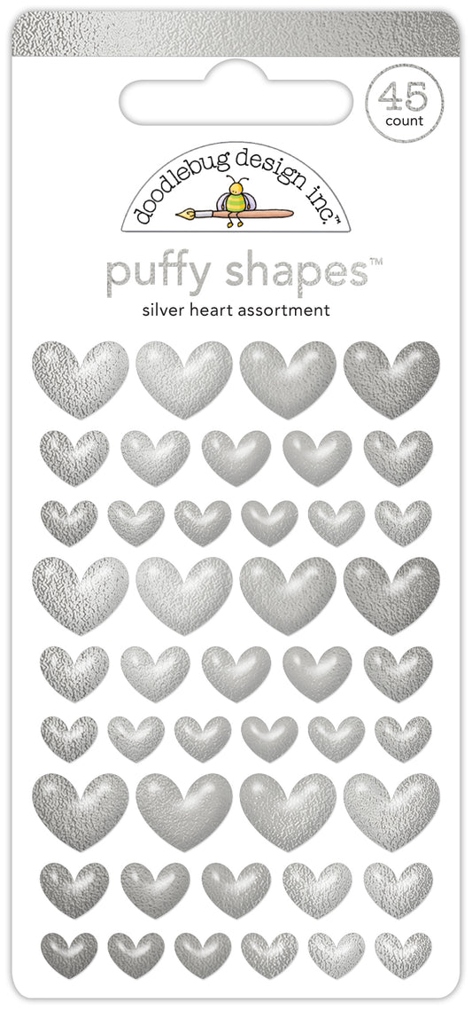 Doodlebug Design - Monochromatic Collection - Stickers - Puffy Shapes - Silver Hearts