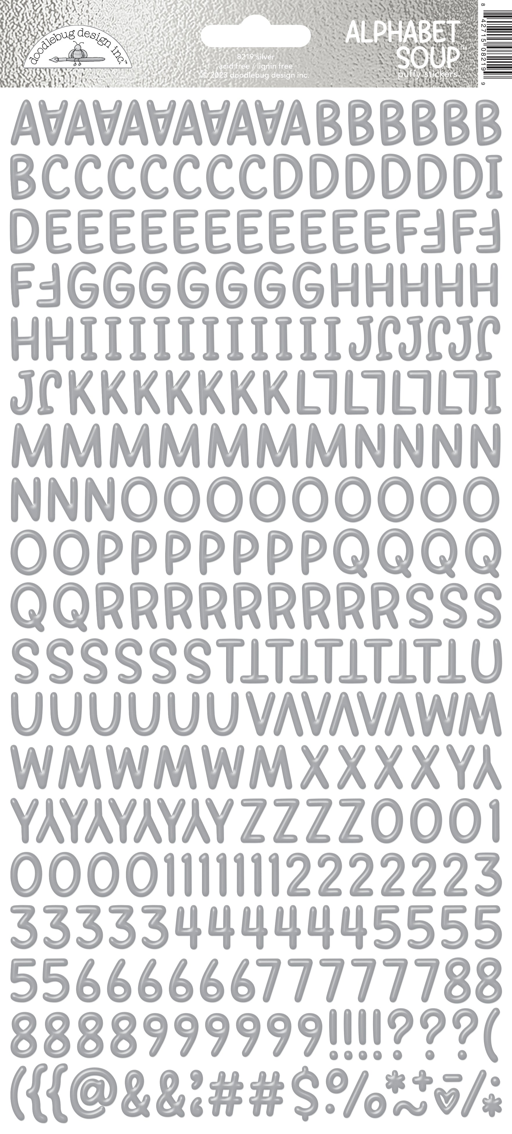 Silver Alphabet letter stickers on a white background with a Doodlebug brand label.