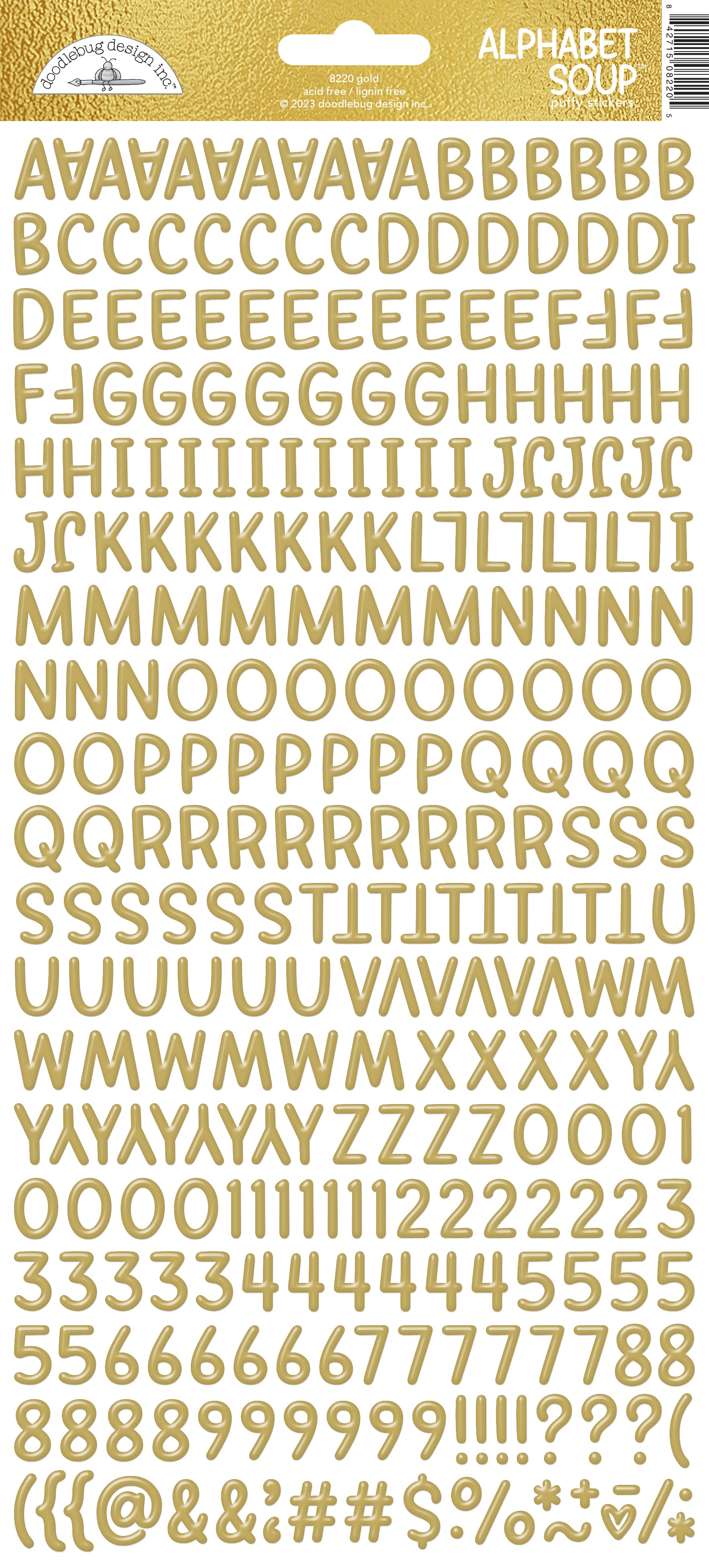 Gold alphabet and number stickers on a white background