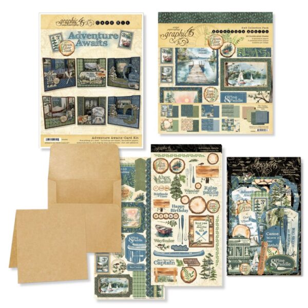 Collection of scrapbooking paper packs with 'Adventure Awaits' theme on a white background