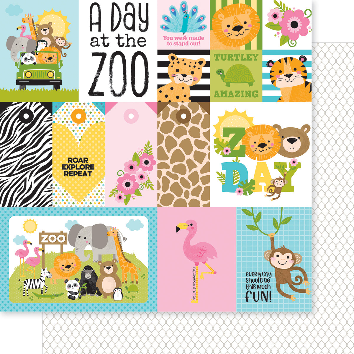 A sheet of colorful scrapbook paper featuring a playful zoo theme with cartoon animals, floral accents, and phrases like 'A Day at the Zoo' and 'Zoey Day is Fun!'.