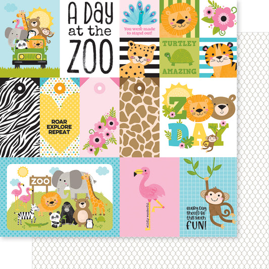 A sheet of colorful scrapbook paper featuring a playful zoo theme with cartoon animals, floral accents, and phrases like 'A Day at the Zoo' and 'Zoey Day is Fun!'.