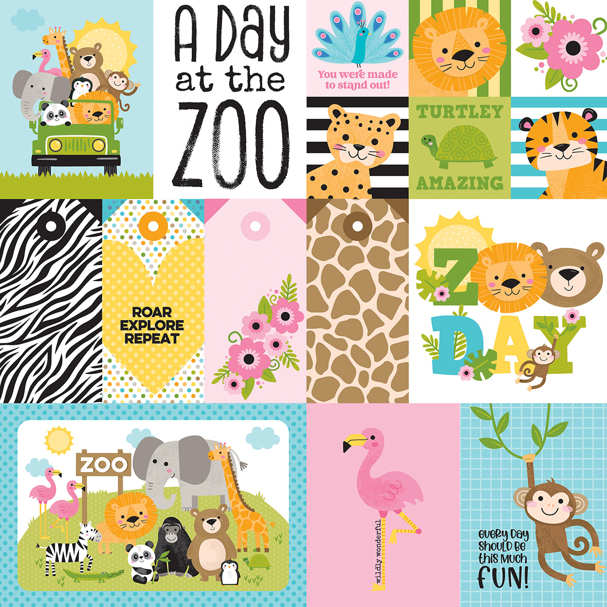 A 3x4 grid of colorful zoo-themed cards or prints, featuring cartoon animals, zebra stripes, giraffe spots, flamingos, lions, tigers, monkeys, and playful text such as 'A Day at the Zoo' and 'Roar Explore Repeat' on pastel and bright backgrounds.