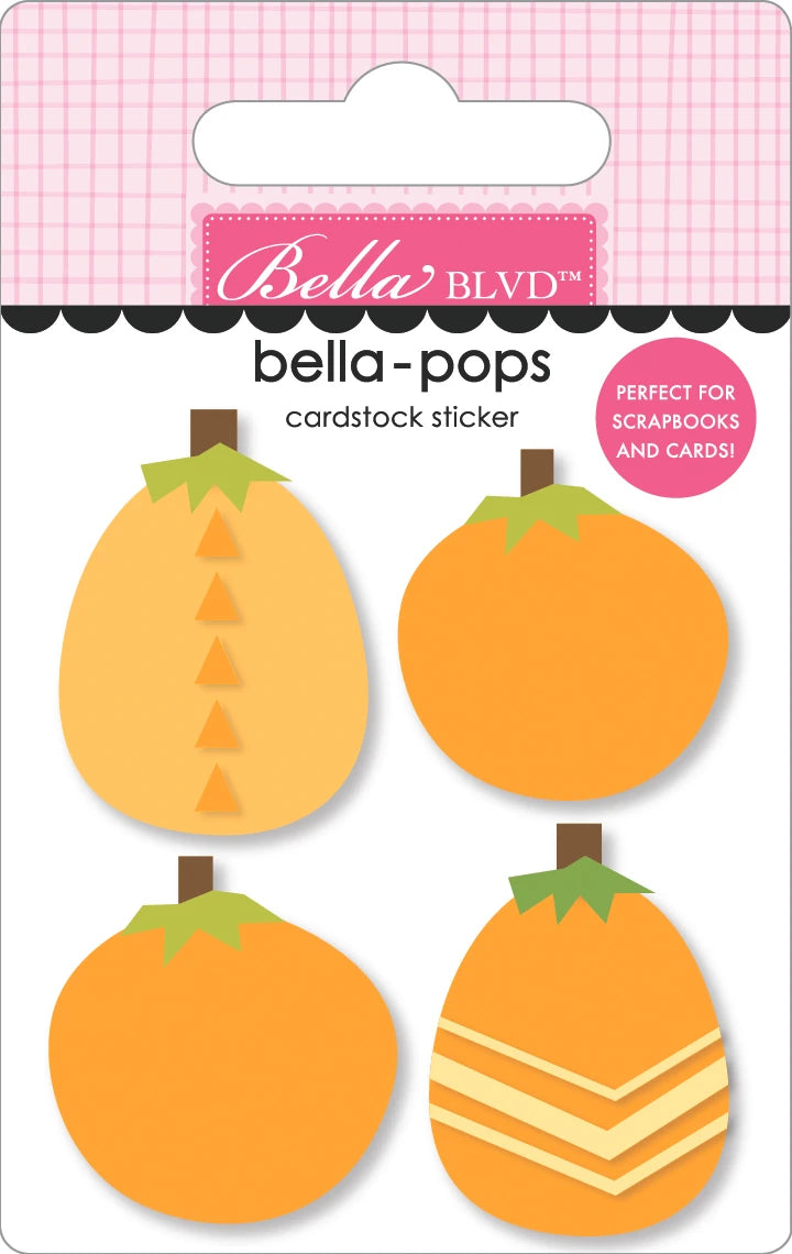 Bella Blvd 'bella-pops' cardstock sticker sheet featuring four stylized orange pumpkin stickers in various patterns, presented on its original retail backing card.