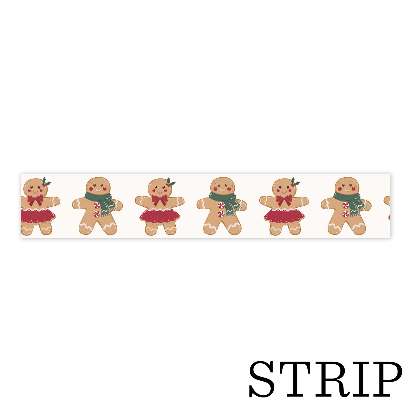 Strip of gingerbread-themed paper with decorative figures on a white background