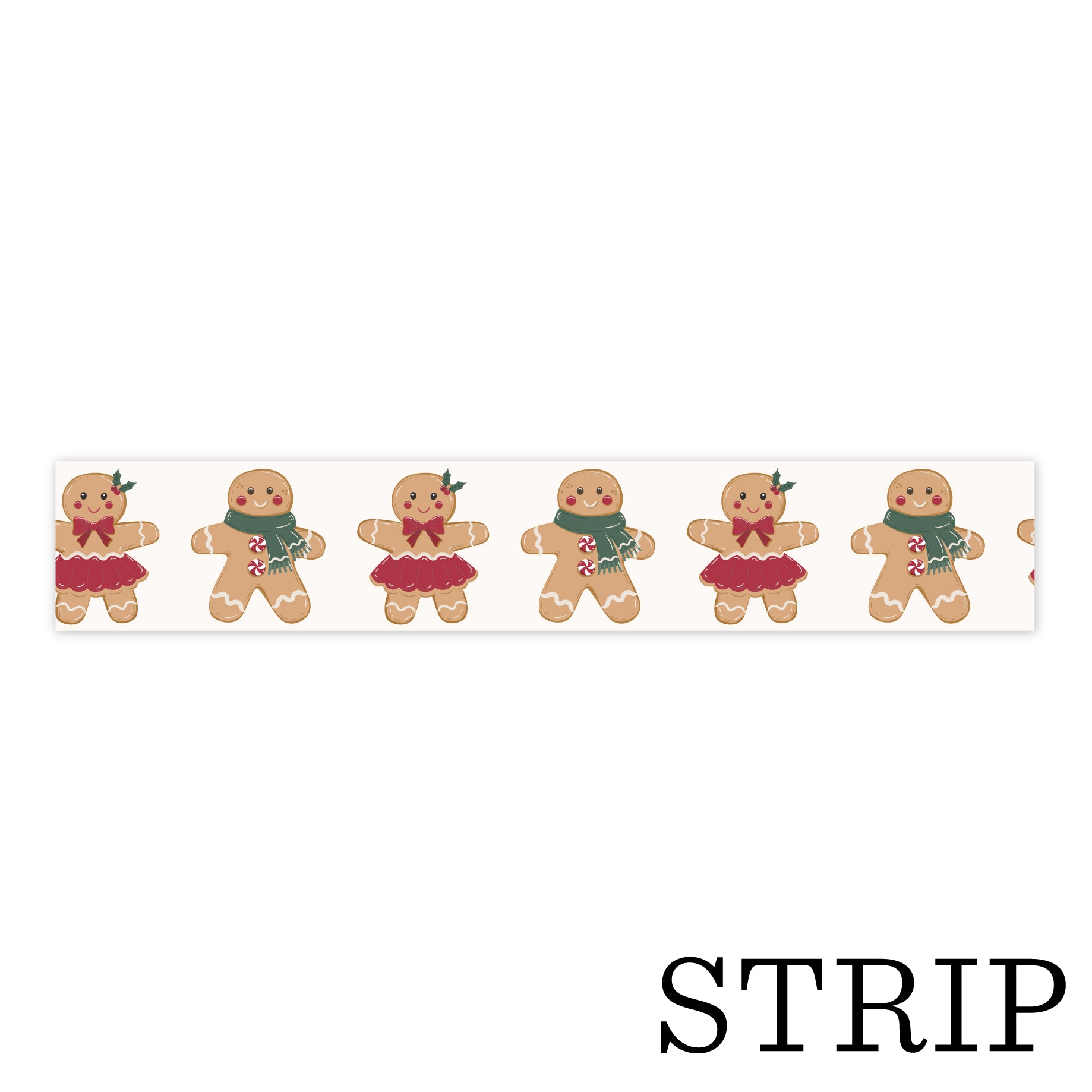 Strip of gingerbread-themed paper with decorative figures on a white background