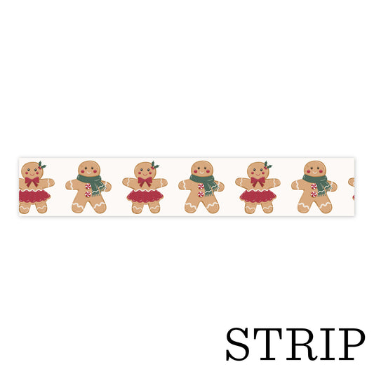 Strip of gingerbread-themed paper with decorative figures on a white background