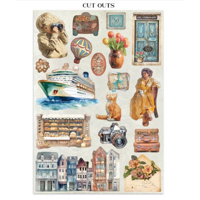 Stamperia - Art Of Travelling Collection - Junk Journal - Stickers, Cut-Outs, and Backgrounds