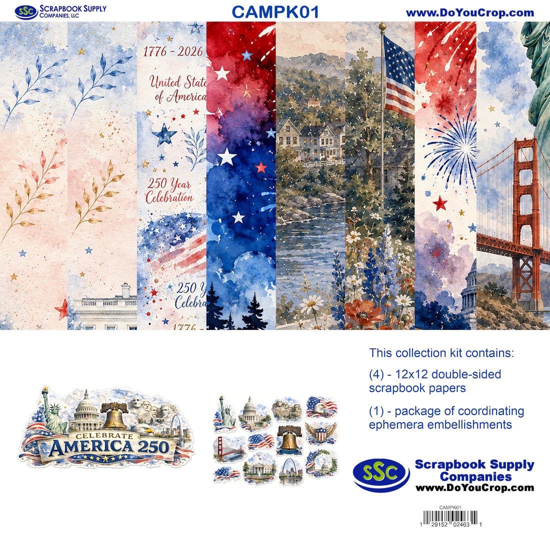 Scrapbook Supply Company - Celebrate America 12 x 12 Scrapbook Paper & Embellishment Kit