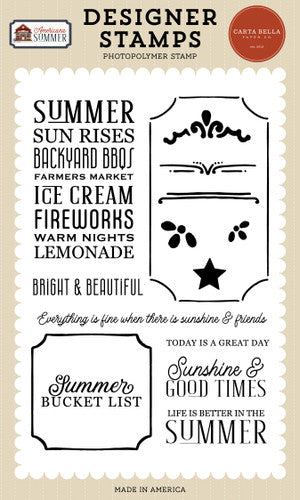 Designer stamps with summer-themed phrases and graphics on a beige background