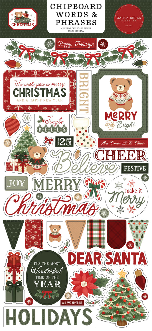 Carta Bella Paper - Have A Beary Christmas Collection - 6 x 13 Chipboard Words And Phrases