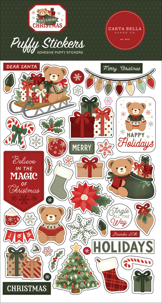 A sheet of Carta Bella Studio puffy stickers featuring a Christmas theme with teddy bears, Santa, gifts, stockings, candy canes, and holiday decorations on a dark green background.
