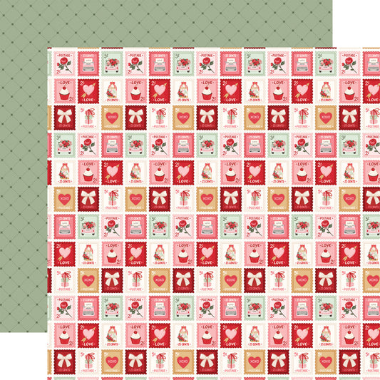 Carta Bella - Be Mine Collection - 12 x 12 Double-Sided Paper - Love Mail Postage Stamps