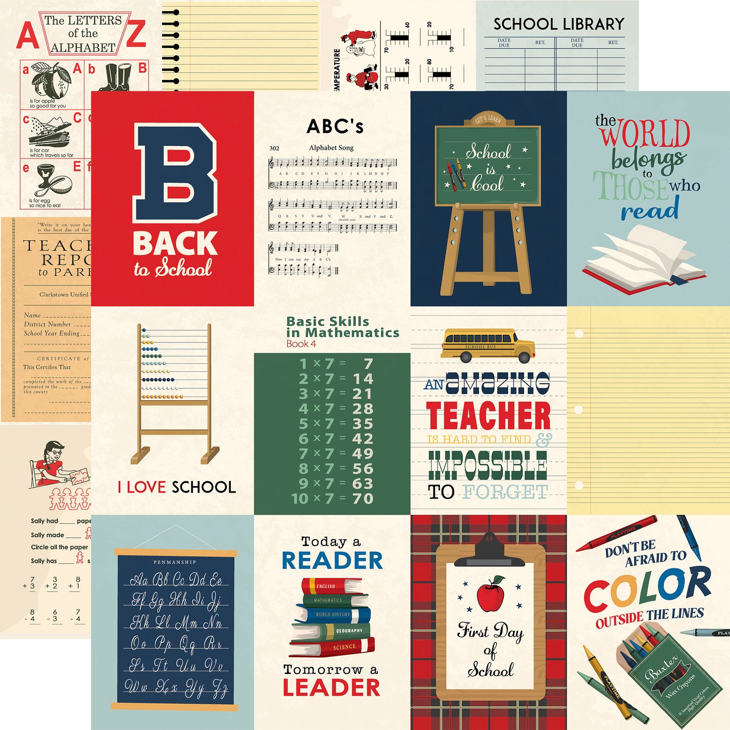 Carta Bella Paper - Back to School Collection - 12 x 12 Double Sided Paper - 3x4 Journaling Cards
