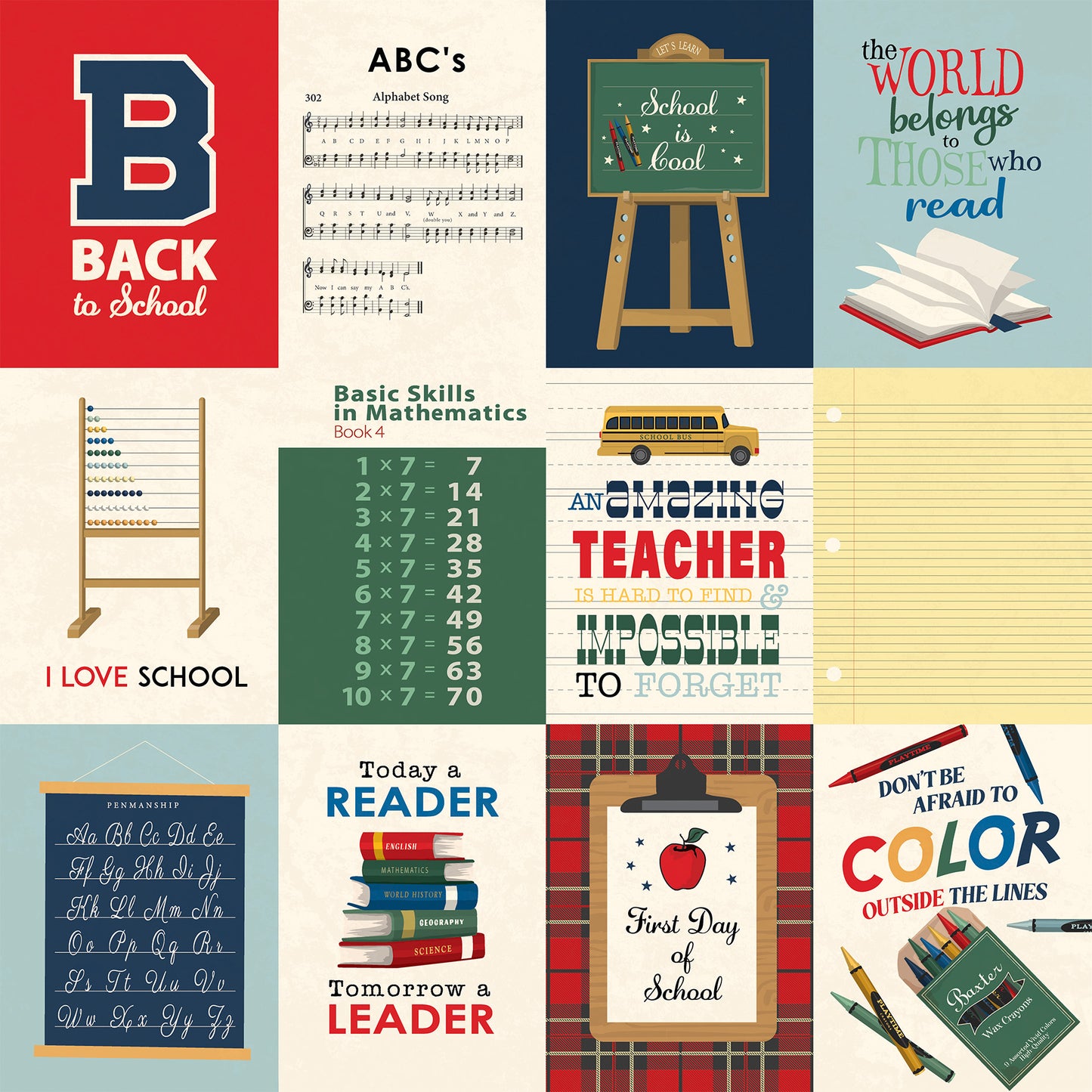 Carta Bella Paper - Back to School Collection - 12 x 12 Double Sided Paper - 3x4 Journaling Cards