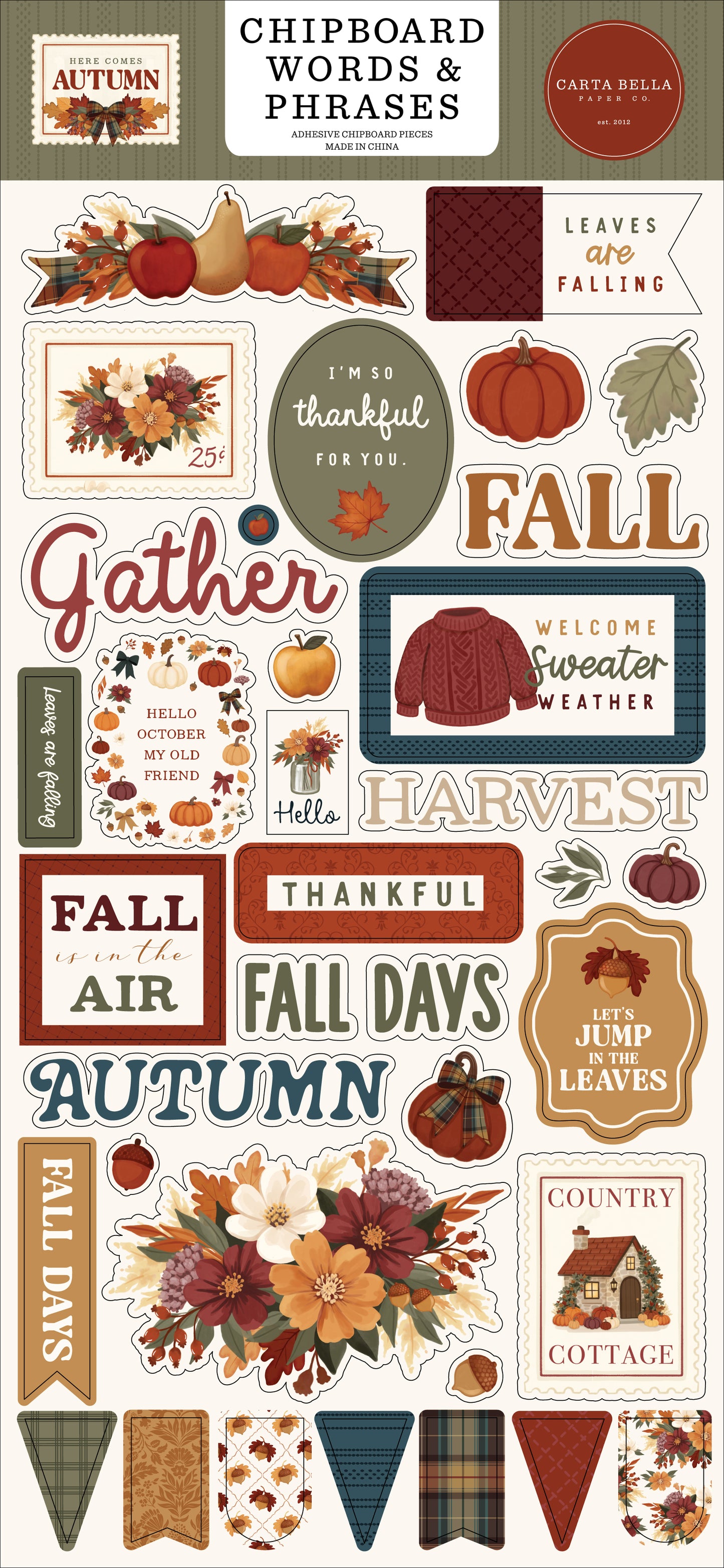 Carta Bella Paper -Here Comes Autumn Collection - 6x13 Chipboard Accents - Words And Phrases