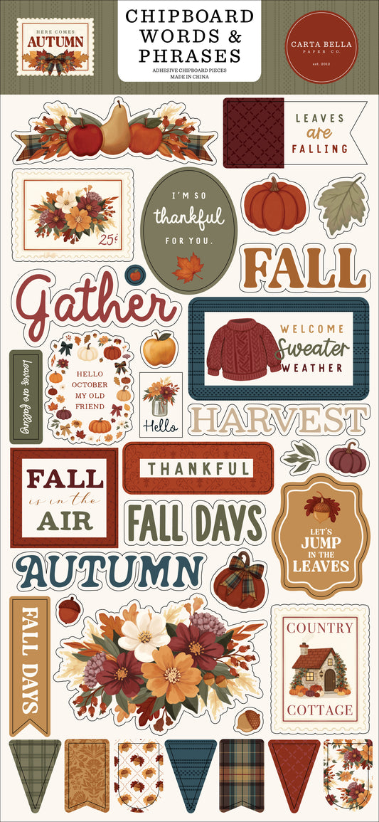 Carta Bella Paper -Here Comes Autumn Collection - 6x13 Chipboard Accents - Words And Phrases