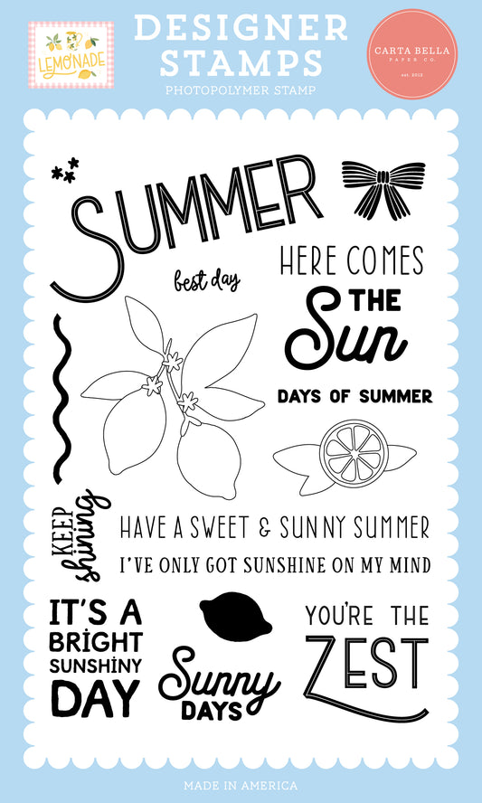 Set of summer-themed stamps with text and graphics on a light blue background