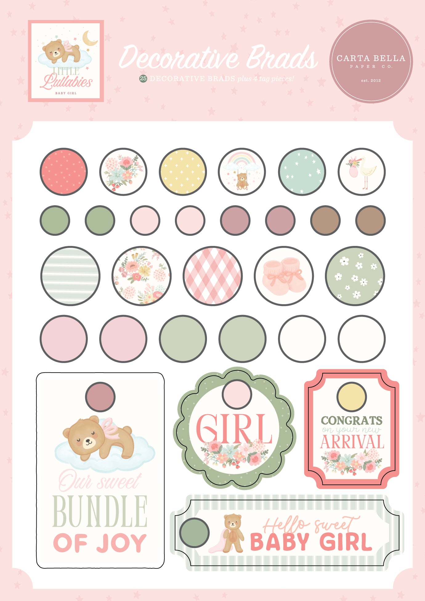 Carta Bella - Little Lullabies Baby Girl Collection - Decorative Brads