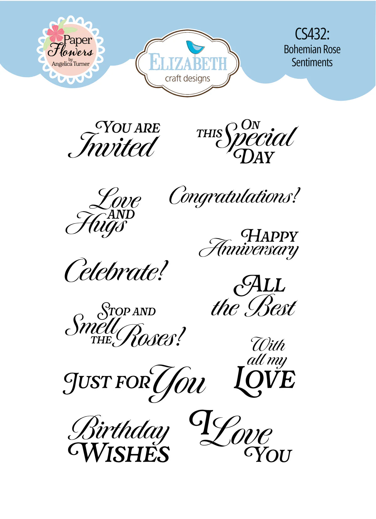 Elizabeth Craft Designs - Bohemian Rose Collection - Clear Photopolymer Stamps - Bohemian Rose Sentiments