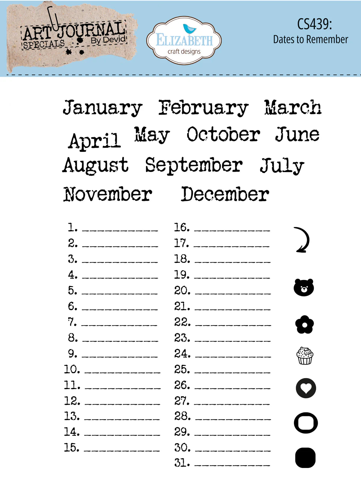 Elizabeth Craft Designs - Art Journal Specials Collection - Clear Photopolymer Stamps - Dates To Remember