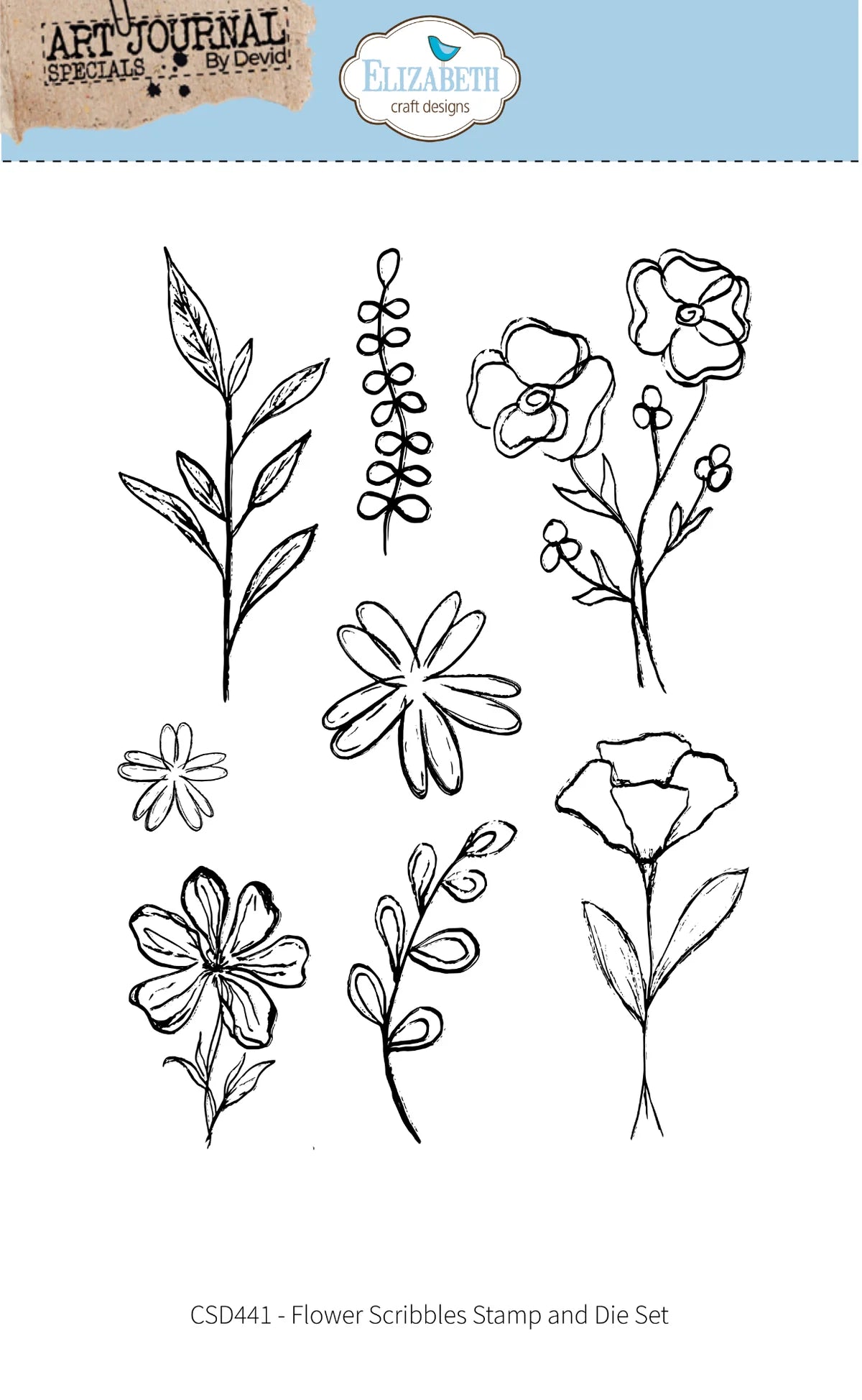 Elizabeth Craft Designs - Art Journal Specials by Devid Collection - Flower Scribbles Polymer Stamp and Die Set