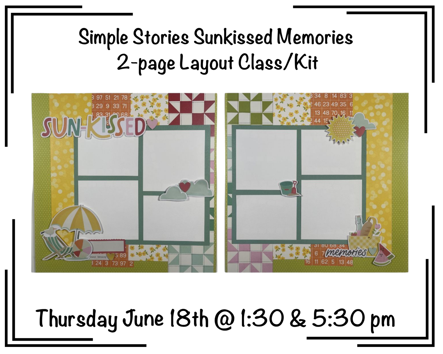 Two-page layout class/kit with 'Sun-Kissed Memories' design on a white background.