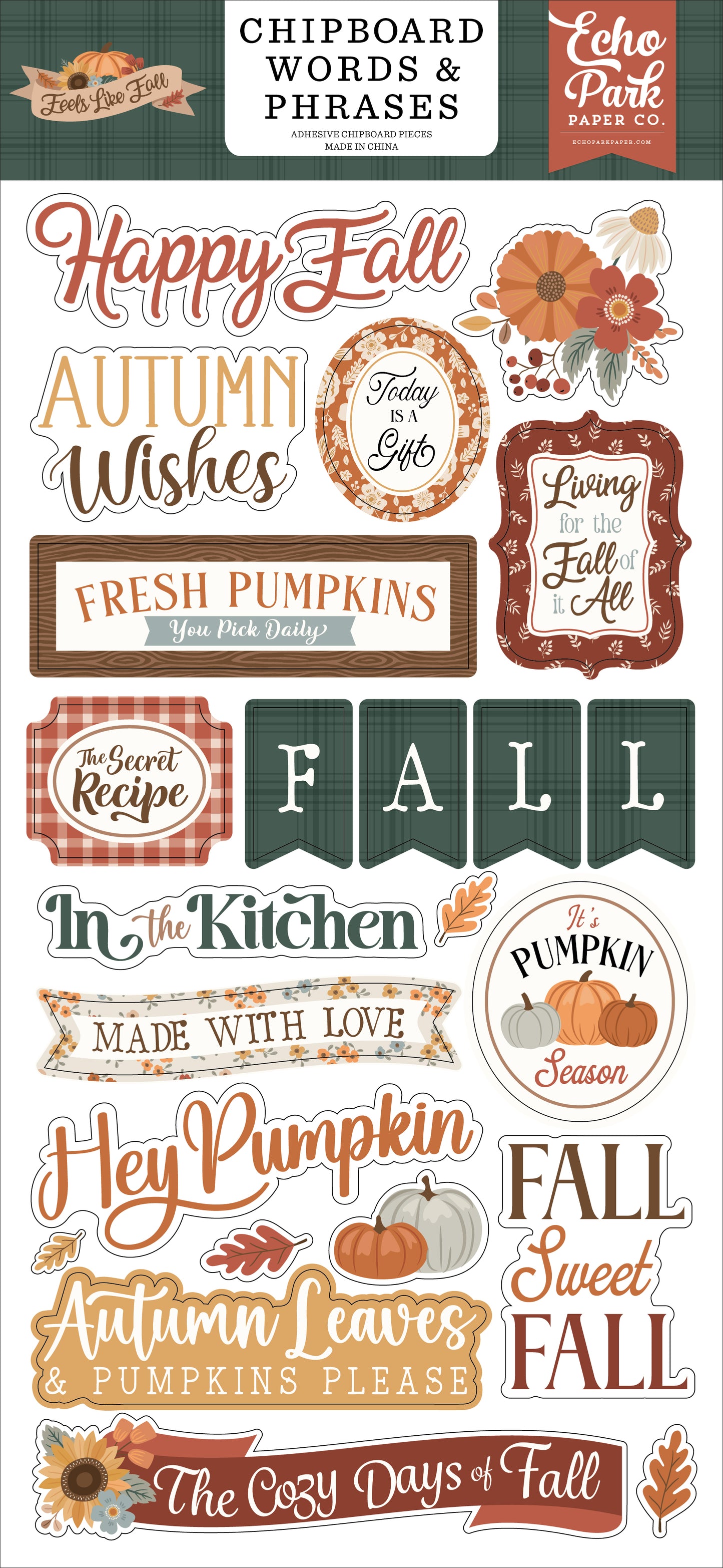 Echo Park - Feels Like Fall Collection - 6x13 Chipboard Accents - Words And Phrases