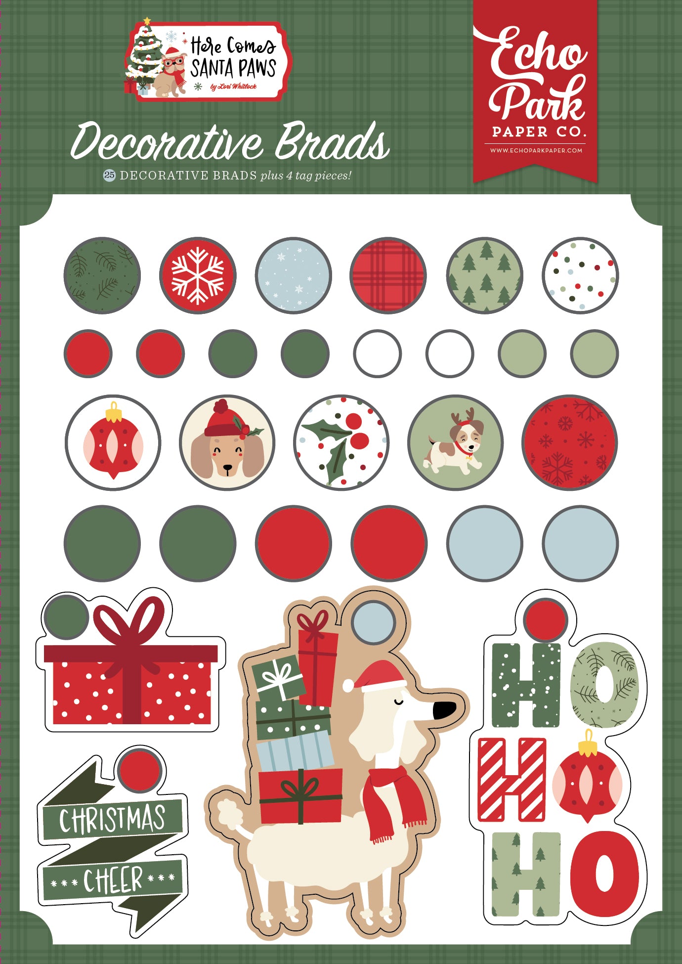 Echo Park - Here Comes Santa Paws Collection - Self-Adhesive Decorative Brads