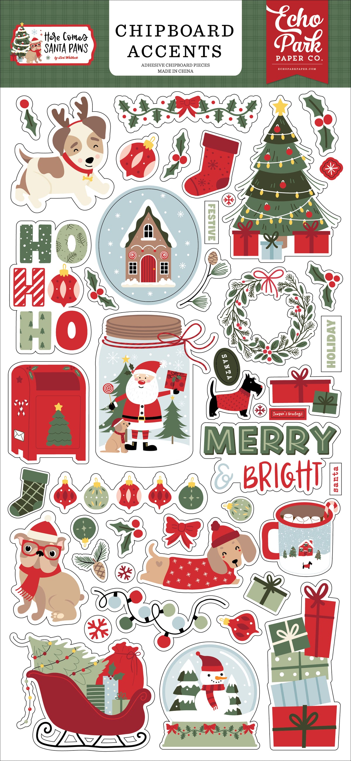 Echo Park - Here Comes Santa Paws Collection - 6 x 13 Chipboard Accents
