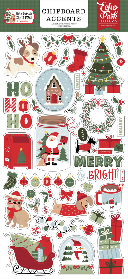 Echo Park - Here Comes Santa Paws Collection - 6 x 13 Chipboard Accents