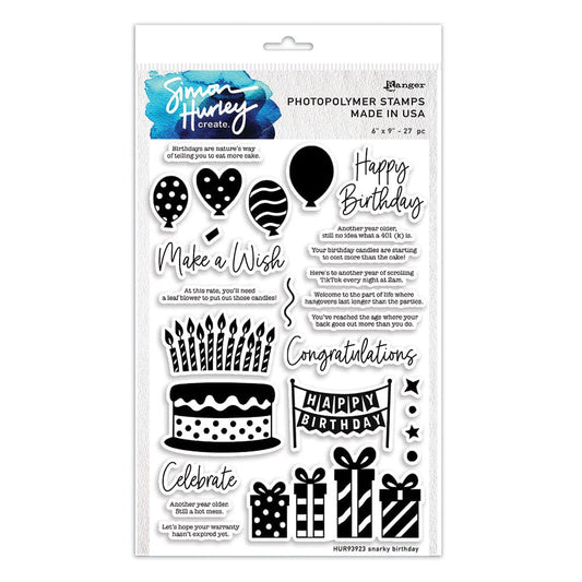 Packaging of Simon Hurley create photopolymer stamps with birthday-themed designs on a white background.