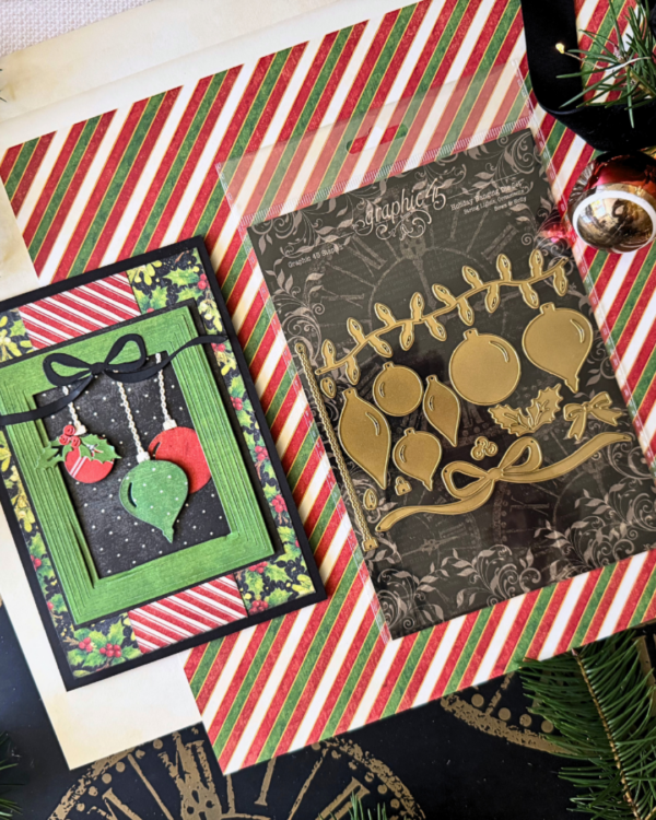 Graphic 45 - Staples Embellishments Collection - Metal Dies - Holiday Hanging Die Set - String Lights, Ornaments, Bows & Holly