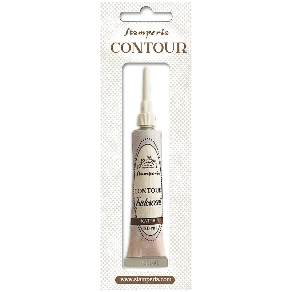 A tube of Stamperia Contour Indescent adhesive in the color Katrin, packaged on a white card with brown text and a die-cut hanging slot.