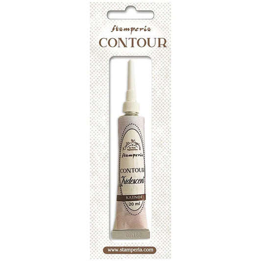 A tube of Stamperia Contour Indescent adhesive in the color Katrin, packaged on a white card with brown text and a die-cut hanging slot.