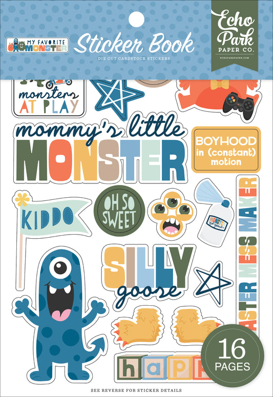 Sticker book with colorful stickers featuring monsters and text, branded by Echo Park Paper Co.