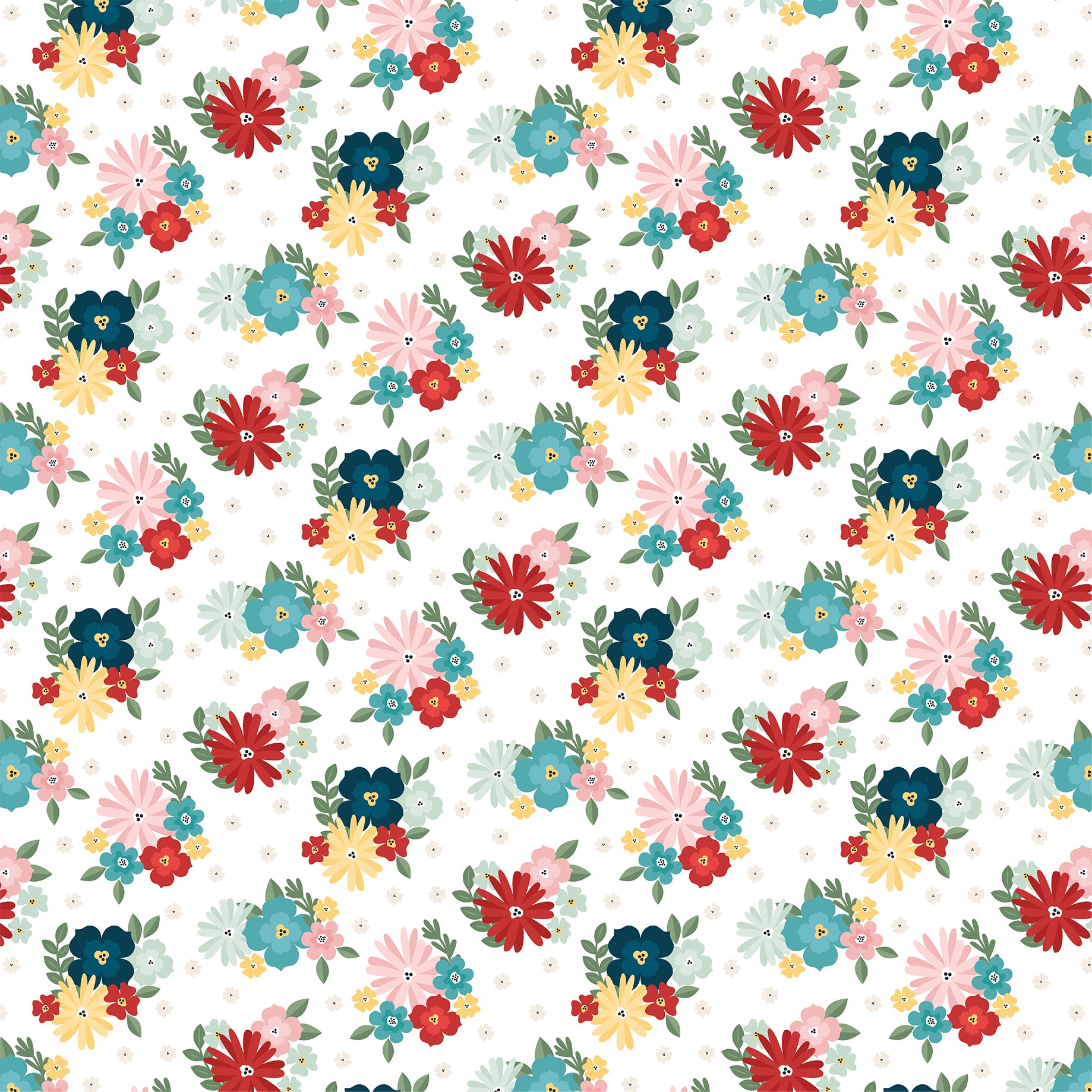 A repeating floral pattern on a white background, featuring stylized flowers in red, blue, pink, yellow, and teal with green leaves.