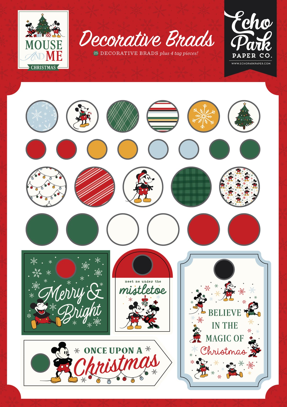 Echo Park - Mouse And Me Christmas Collection - Self Adhesive Decorative Brads