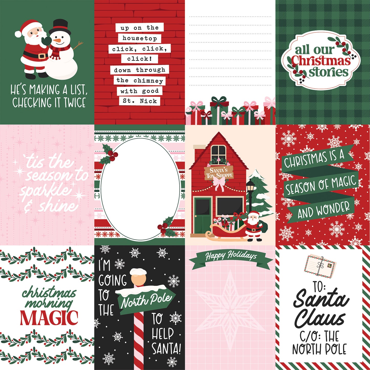 Echo Park -North Pole Christmas Collection - 12 x 12 Double Sided Paper - 3x4 Journaling Cards
