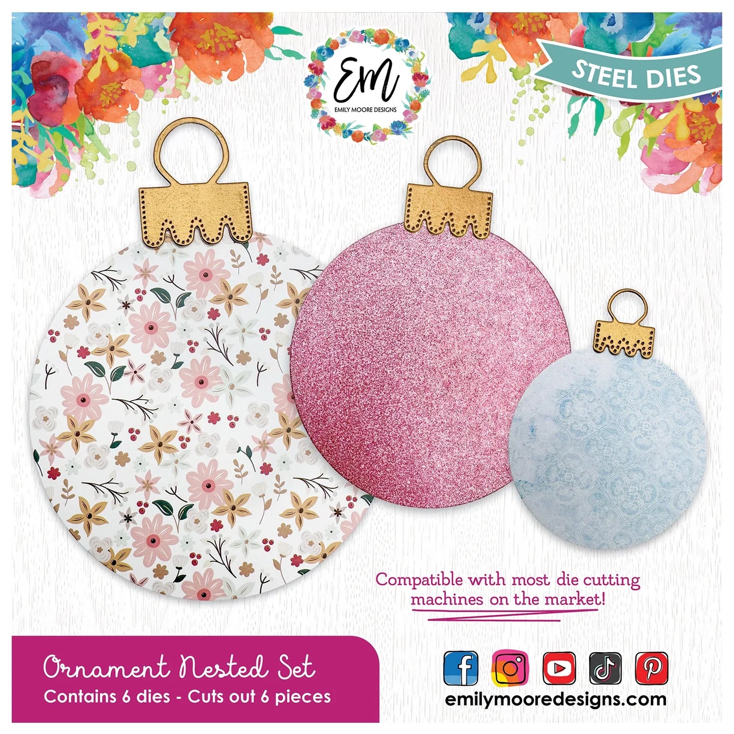 Ornament nesting set with floral and glitter designs on a colorful background, featuring Emily Moore Designs branding.