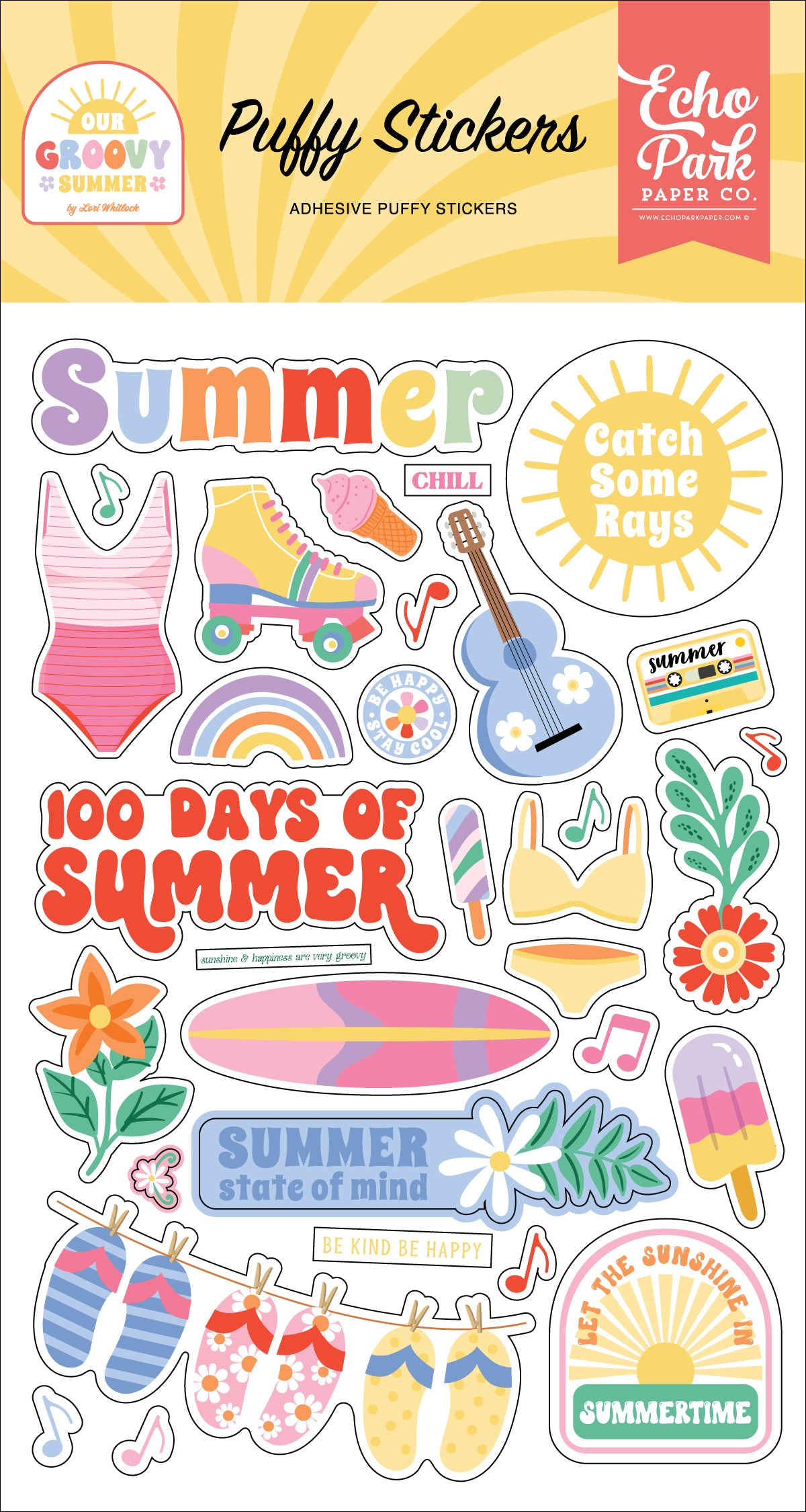 Puffy stickers with summer-themed designs on a yellow background