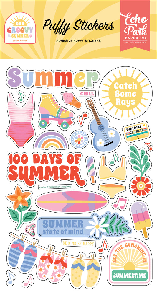 Puffy stickers with summer-themed designs on a yellow background