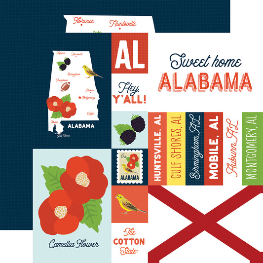 Collage of Alabama-themed graphics including a map, state symbols, and text on a blue background.