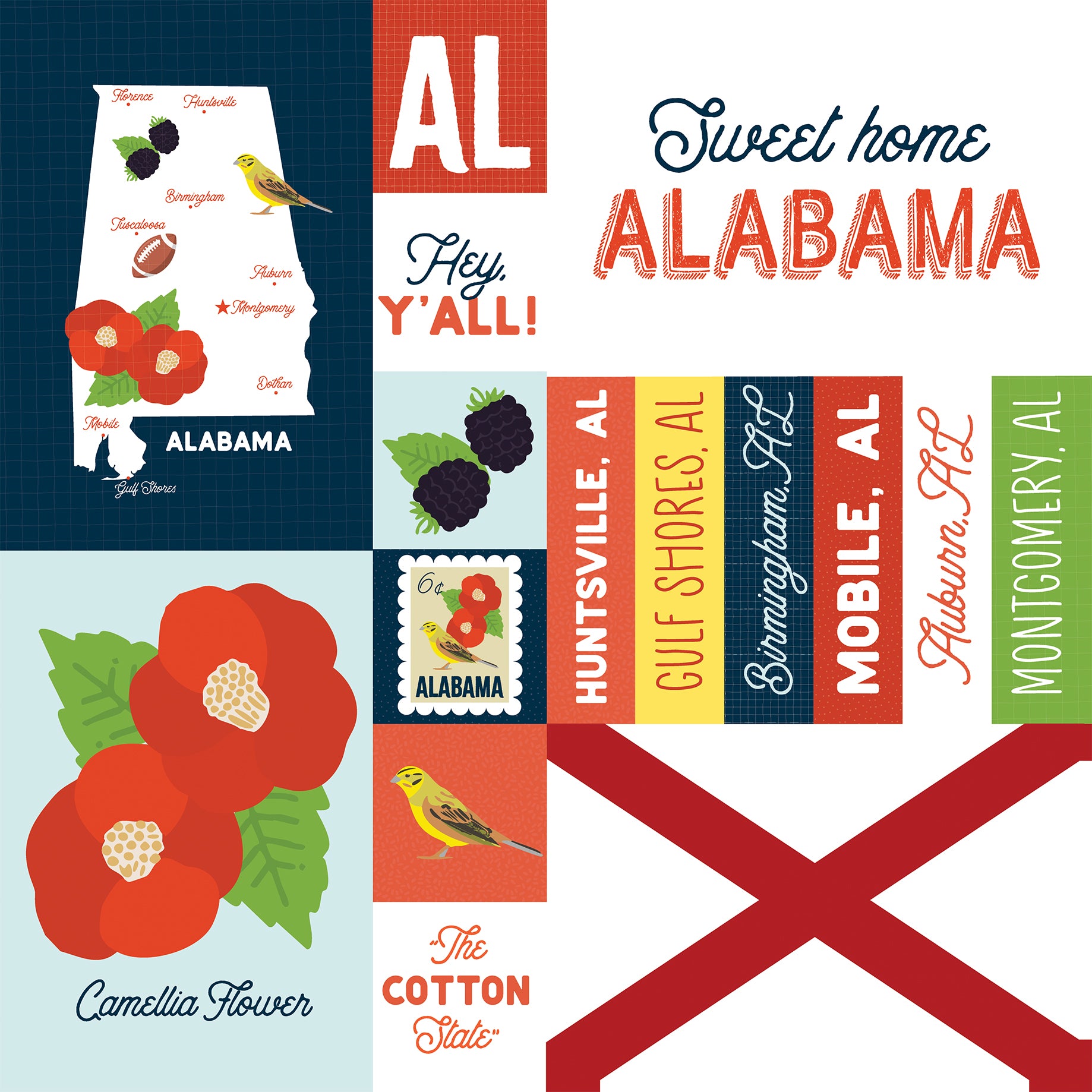 Collage of Alabama-themed graphics including a map, state symbols, and text.